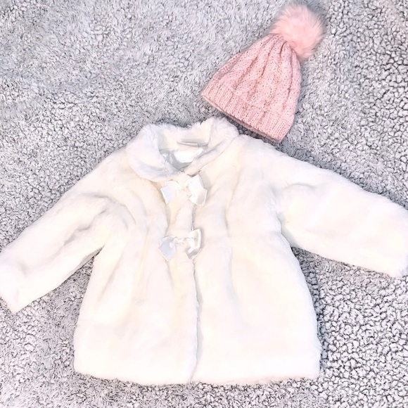 Koala Baby Boutique Vegan White Fur Coat and pink beanie hat 12 mos. - Picture 1 of 13
